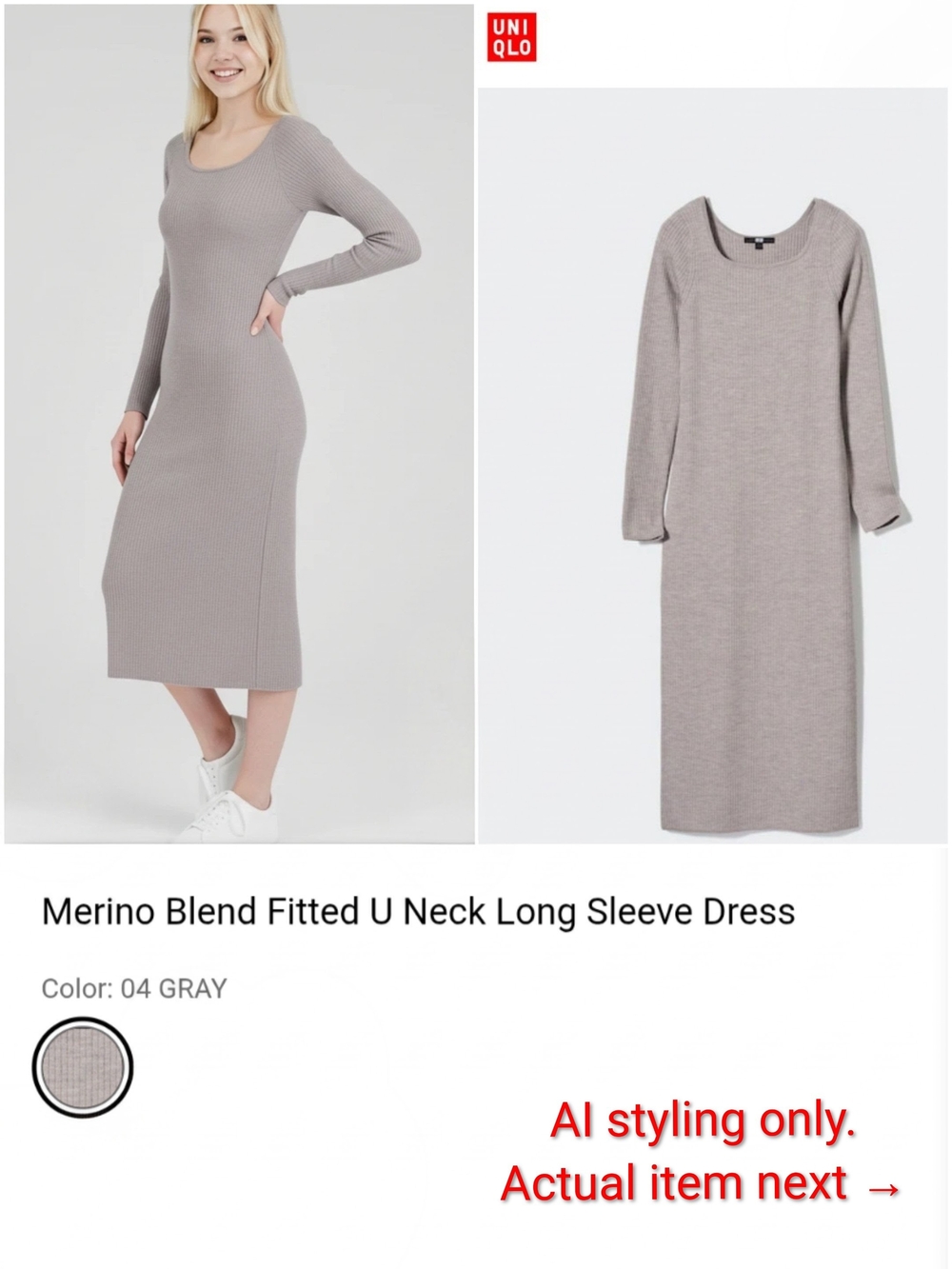 Uniqlo Merino Blend Fitted U‑Neck Long Sleeve Dress - Gray Taupe